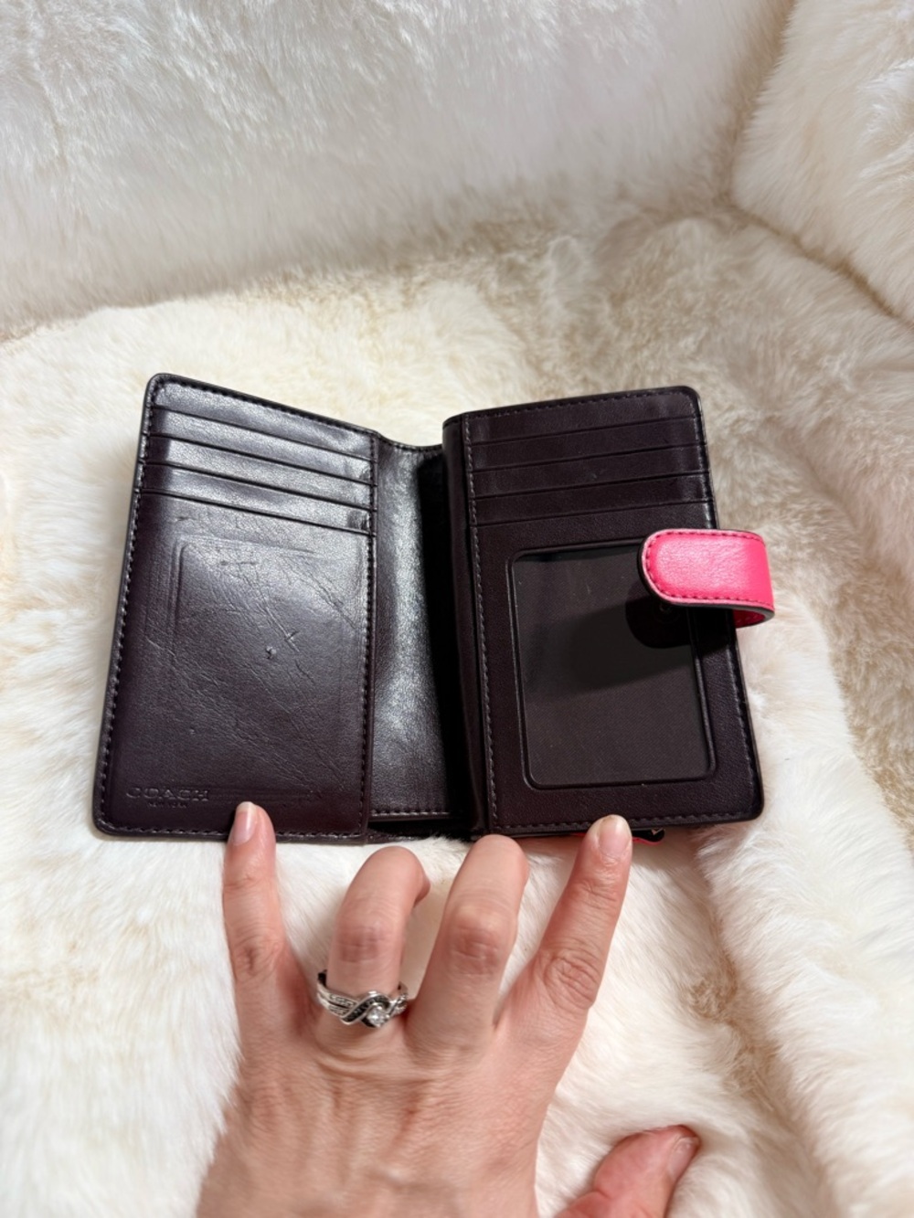Coach Black Signature Compact Wallet with Pink Snap Tab - Picture 6 of 13